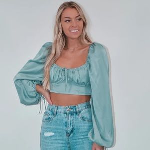 Sage Puff Long Sleeve Crop Top